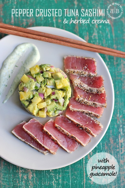 Pepper Crusted Tuna with Pineapple Guacamole & Herbed Crema